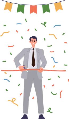 Happy Smiling Businessman Character Cutting Ribbon With Scissors Celebrating Grand Opening Event Business Startup Beginning Standing Under Confetti Vector Illustration Isolated On White Background Illustration