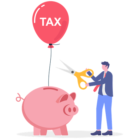 Businessman cutting tax balloon come out from piggy bank  Illustration