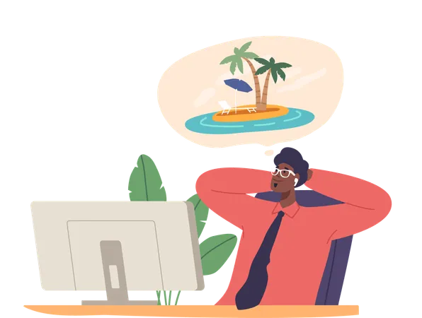 Businessman daydream to a serene tropical island  Illustration