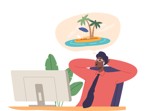 Businessman daydream to a serene tropical island  Illustration