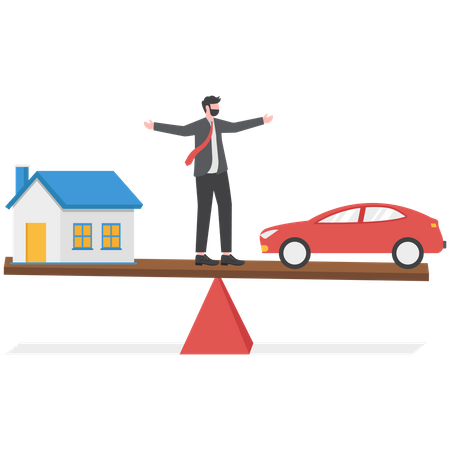 Businessman Debt House And Car On Scale Loan  Illustration