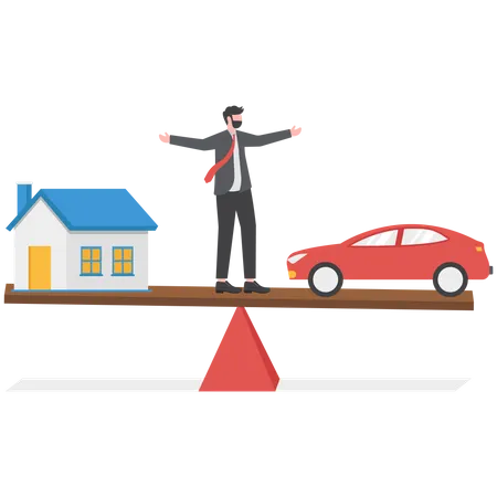 Businessman Debt House And Car On Scale Loan  Illustration