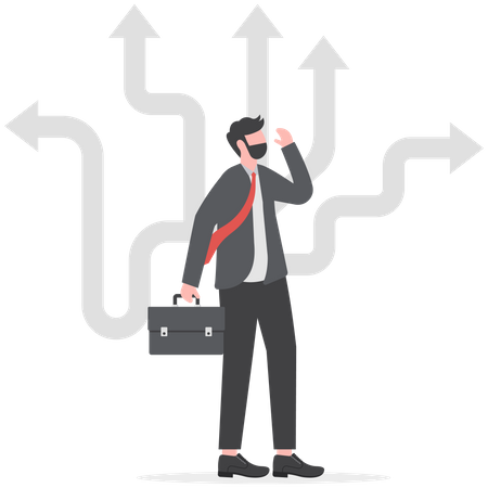 Businessman decision which way with arrows pointing to many directions  Illustration