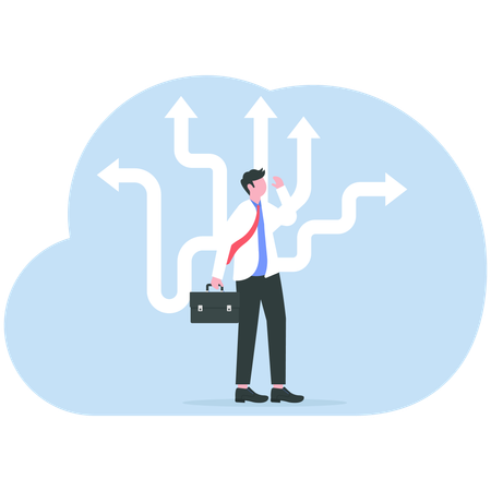 Businessman Decision Which Way with arrows pointing to many directions  Illustration
