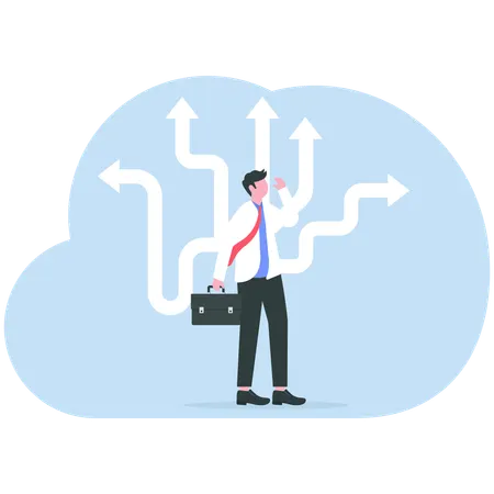 Businessman Decision Which Way with arrows pointing to many directions  Illustration