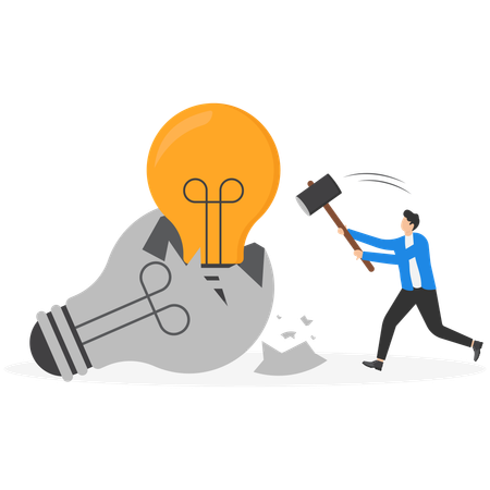 Businessman demolishing old ideas and making new ideas  Illustration