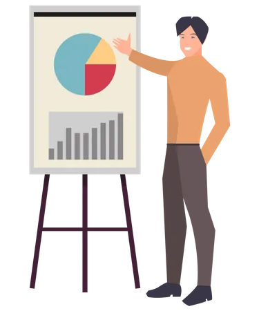 Man Points To Flipchart With Diagram Presentation Board With Statistical Data Business Report Showroom With Poster And Lecturer Businessman Demonstrates Results Of Statistical Research On Board イラスト