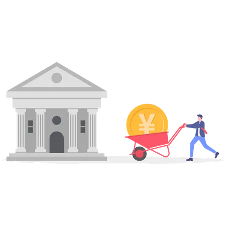 ビジネスマンが銀行にお金を預ける  イラスト