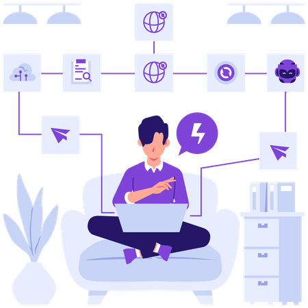 Businessman designing flow chart with robot  Illustration