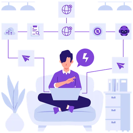 Businessman designing flow chart with robot  Illustration