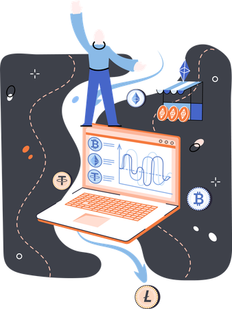 Businessman designs Cryptocurrency exchange and mining program  Illustration