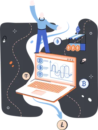 Businessman designs Cryptocurrency exchange and mining program  Illustration