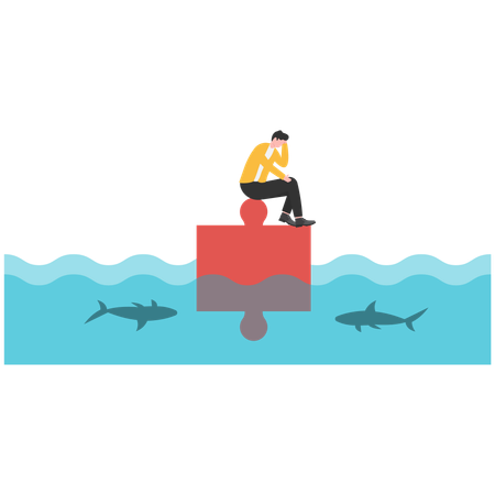 Businessman desperate sitting on a puzzle falling into water  Illustration