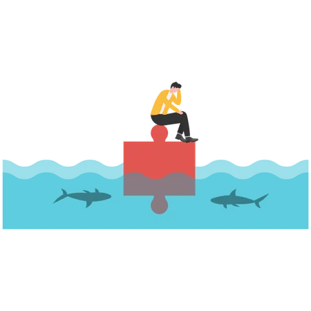 Businessman desperate sitting on a puzzle falling into water  Illustration