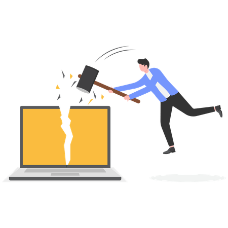 Businessman destroying computer with sledgehammer  Illustration