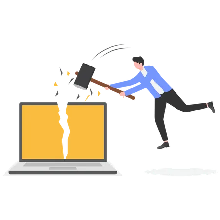 Businessman destroying computer with sledgehammer  Illustration