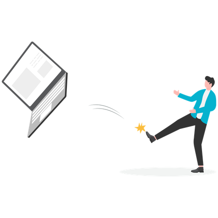 Businessman destroying laptop with sledgehammer  Illustration