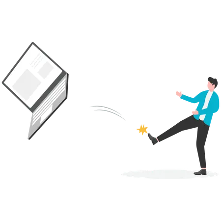 Businessman destroying laptop with sledgehammer  Illustration