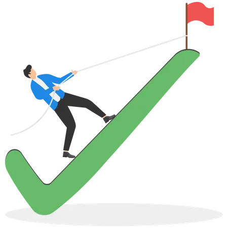 Developing Working Performance Aspiration To Complete Task Effort To Improve Efficiency Concept Businessman Climbing Check Mark Sign To Reach Flag At The Peak Illustration
