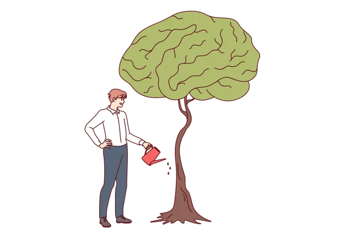 Businessman develops own intelligence by watering trees with brain shaped leaves  Illustration