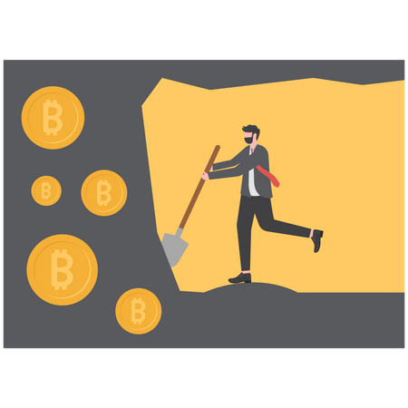 Businessman Digging Bitcoin with a shovel.  Illustration