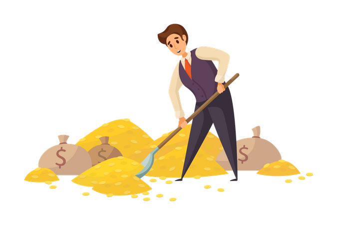 Businessman digging dollar coins  Illustration