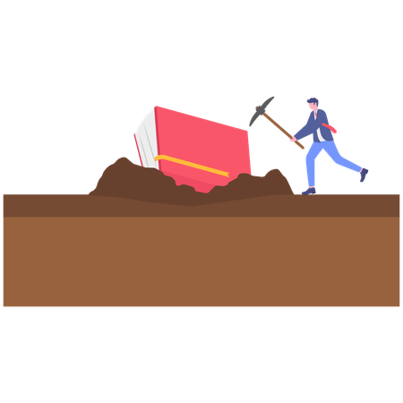 Businessman digging in soil using axe for finding book  Illustration