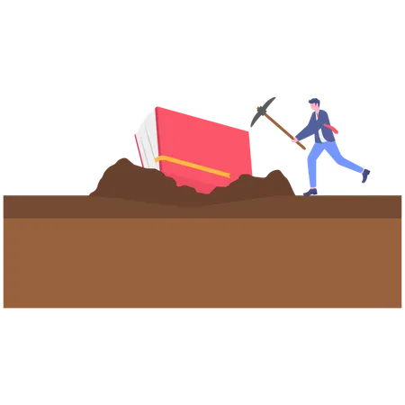 Businessman digging in soil using axe for finding book  Illustration