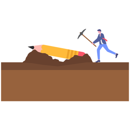 Businessman digging in soil using axe for finding pencil  Illustration