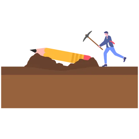 Businessman digging in soil using axe for finding pencil  Illustration