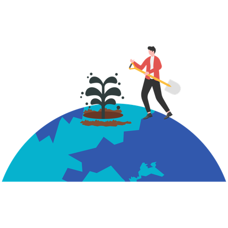 Businessman digging oil on earth planet  Illustration