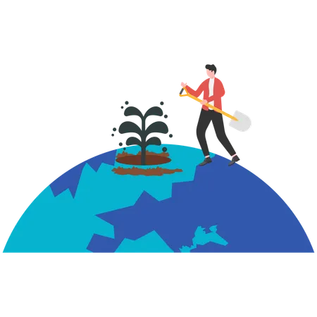 Businessman digging oil on earth planet  Illustration