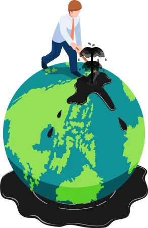 Flat 3 D Isometric Businessman Diggin Oil On The Earth Globe Oil Business And Petroleum Industry Concept Illustration