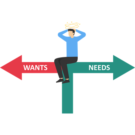 Businessman dilemma choice between wants and needs  Illustration