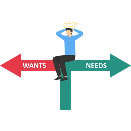 Businessman dilemma choice between wants and needs  Illustration