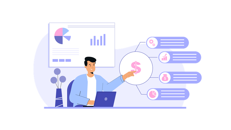 Businessman discussing financial charts with employees in meeting  Illustration