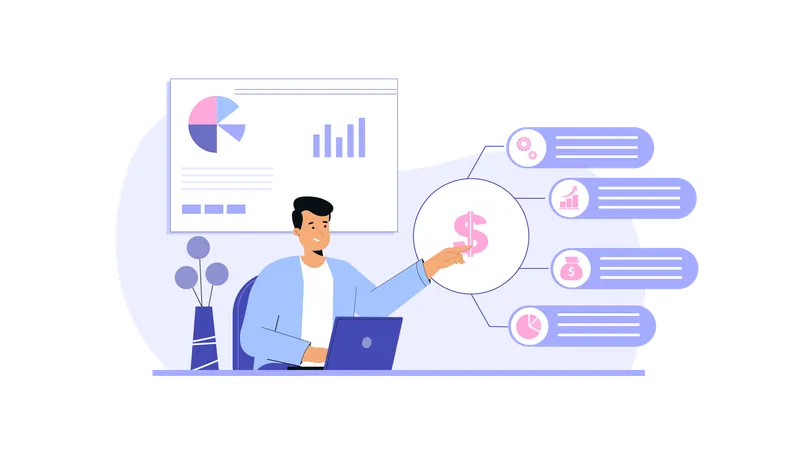 Businessman discussing financial charts with employees in meeting  Illustration