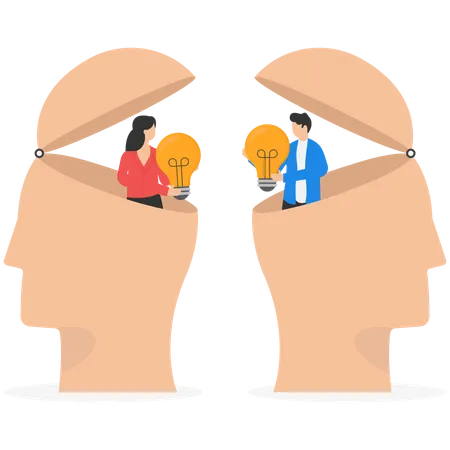 Businessmen Open From Human Brain Head To Exchange Business Lightbulb Ideas Exchange Idea From Brainstorming Knowledge Creativity And Innovation Flat Vector Illustration Illustration