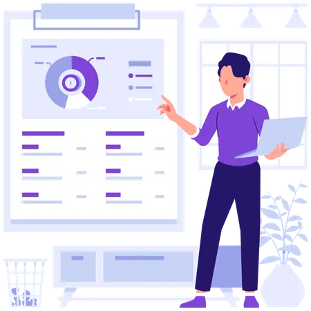 Businessman displays analysis data on screen  Illustration