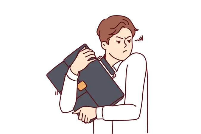 Excited Man With Business Bag In Hands Is Trying To Avoid Loss And Theft Of Important Documents Business Man Hugging Bag With Price Of Confidential Information That Competitors Want To Steal Illustration