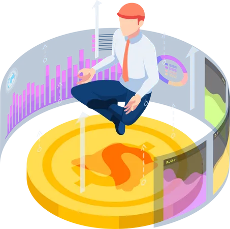 Flat 3 D Isometric Businessman Doing Meditation In Lotus Pose On Dollar Coin And Financial Graph Financial Analysis And Business Expert Concept Illustration