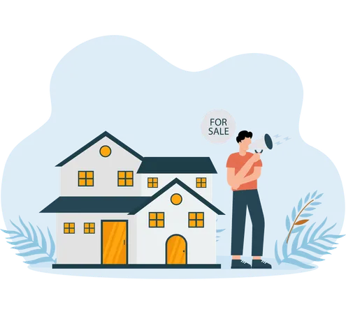 Businessman doing announcement for House for sale  Illustration