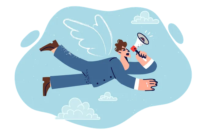 Man Business Angel Flies Across Sky With Megaphone In Hands Announcing Possibility Of Investing In Young Companies Business Angel Guy Who Invested Money In Startups Located Among Clouds Illustration