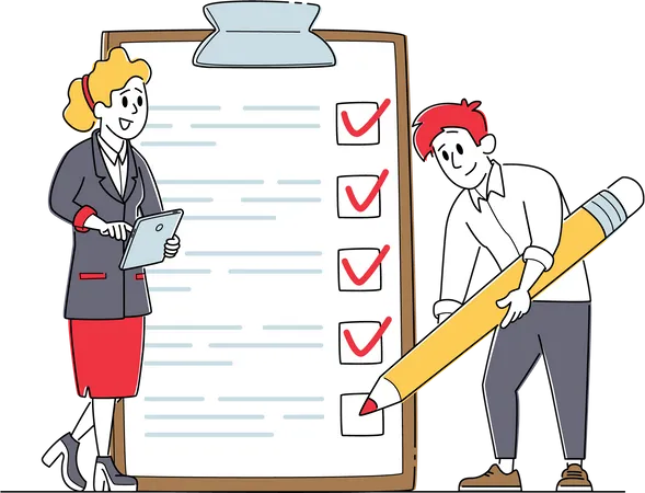Businessman Character Put Check Marks Into Check Boxes Filling Checklist On Huge Clipboard Businesswoman With Tablet Pc Searching Solution And Thinking New Idea Linear People Vector Illustration Illustration