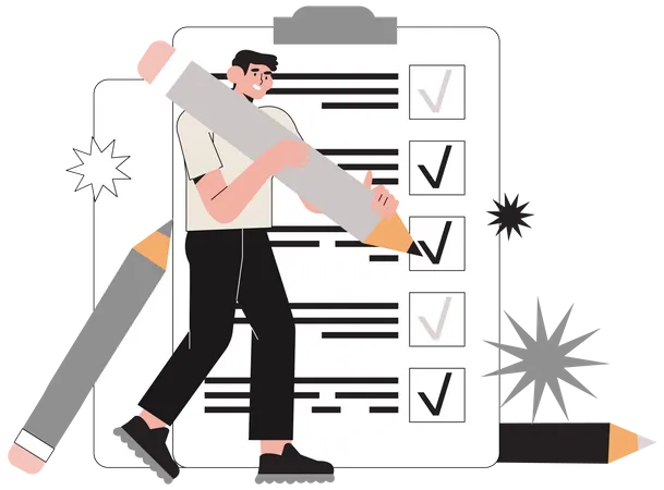 Business Man Holding Giant Pencil Looking At Completed Checklist On Clipboard Marking Tasks Concept Of Effective Daily Planning And Time Management Vector Illustration Web Banner Or Ui Character Illustration
