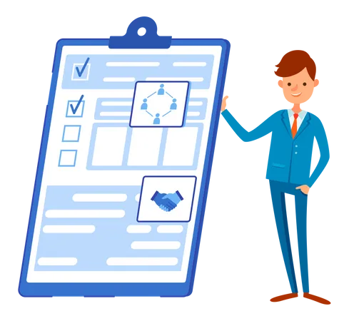 Businessman Presents Checklist With Results Of Social Surveys Customer Data Man Next To Clipboard With Document Male Character Working With Task Done List And Check Mark Ticks On Paper Sheet Illustration