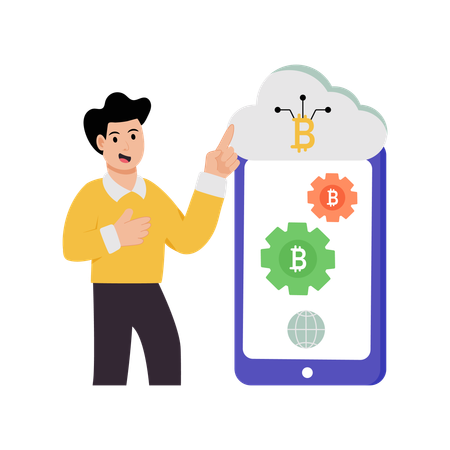 Businessman doing cloud bitcoin management  Illustration