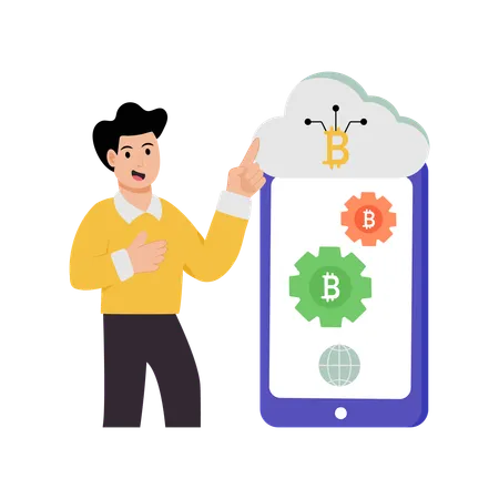 Businessman doing cloud bitcoin management  Illustration