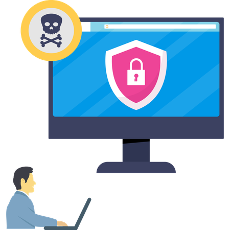 Man working on cyber attack protection  Illustration