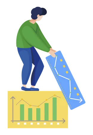 Man Stand On Board With Graphic And Carry Another One Analytics And Statistics Graphs And Diagrams For Presentation Person With Data Charts Isolated Vector Illustration Of Working Process In Flat Illustration